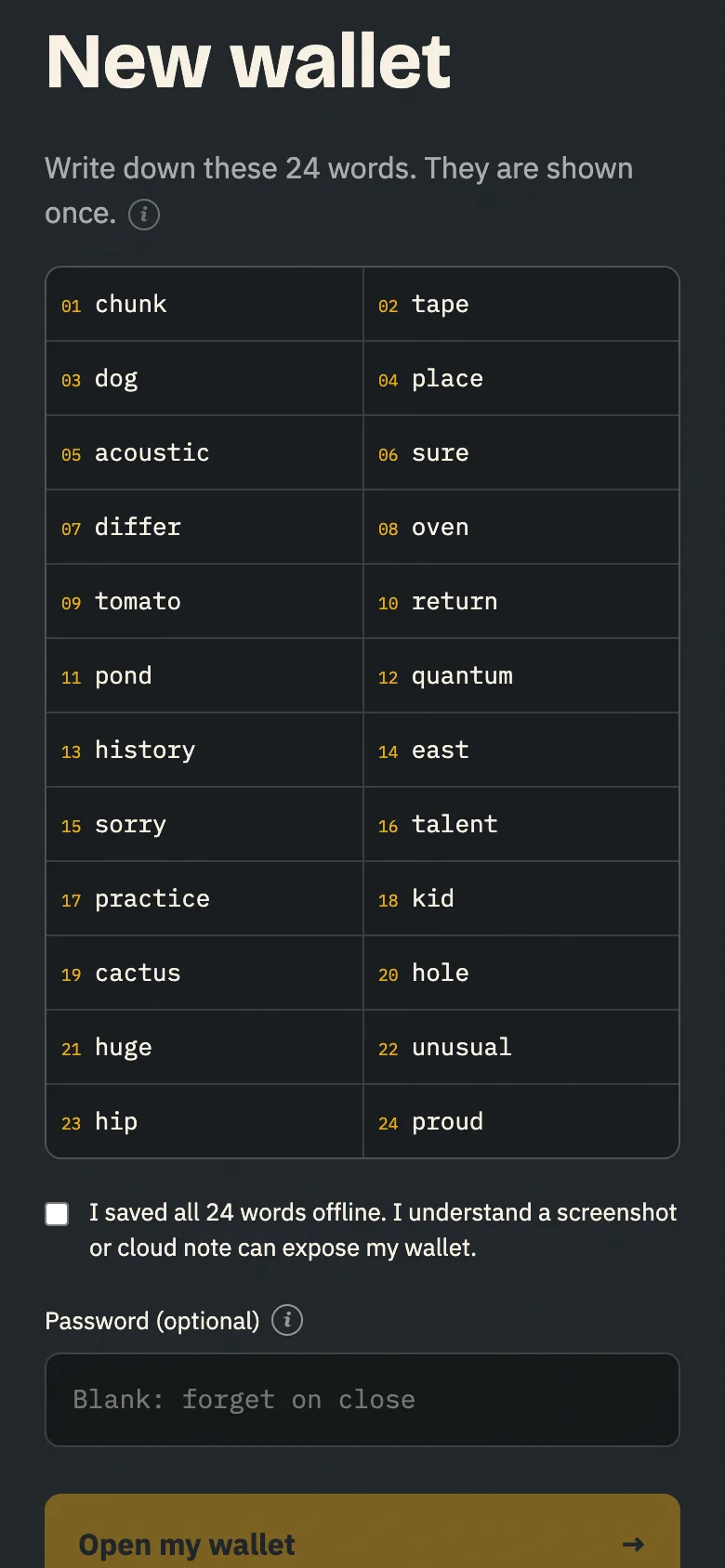 Nap's new wallet screen with the 24 words and the confirmation box