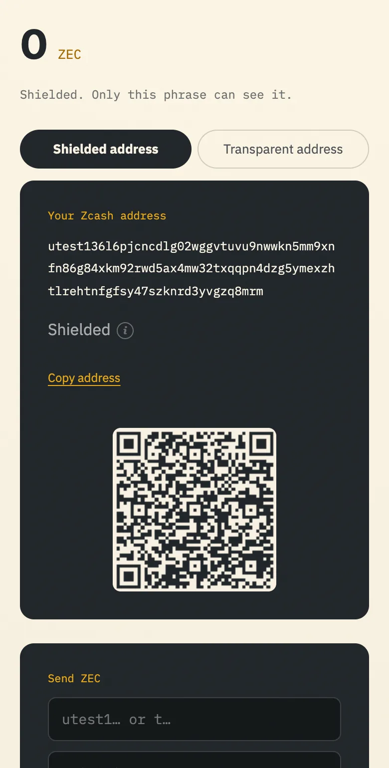 Nap's receive screen with the shielded address and QR code