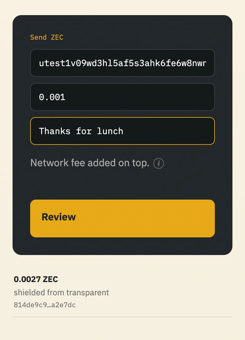 Nap's send form with a shielded address, an amount and a memo