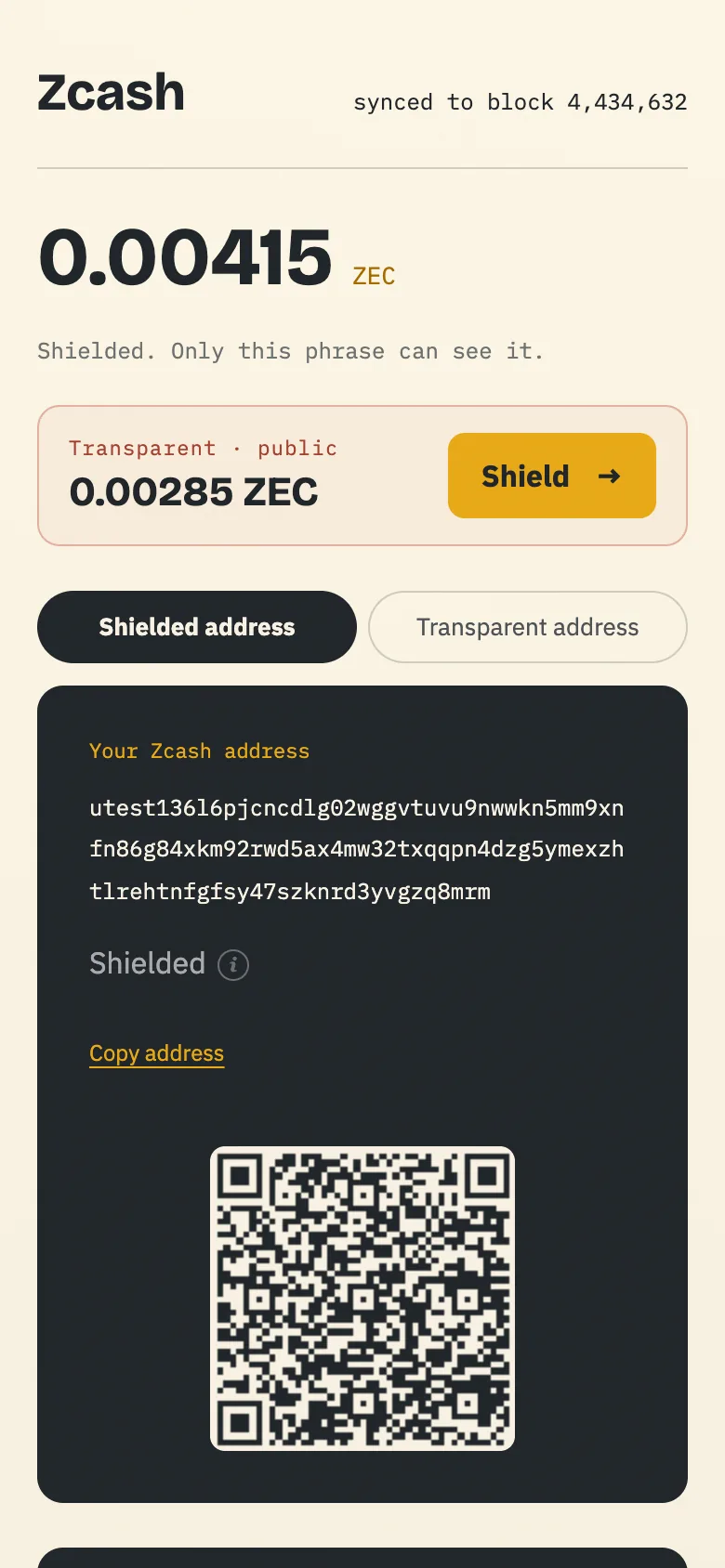 Nap showing a transparent balance with a Shield button