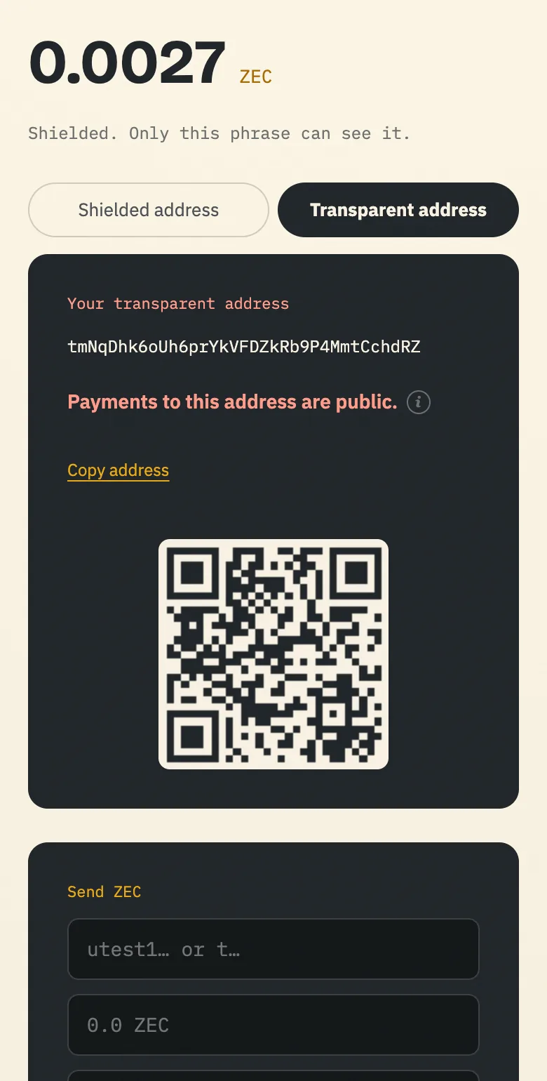 Nap's receive screen showing the transparent address and its QR code